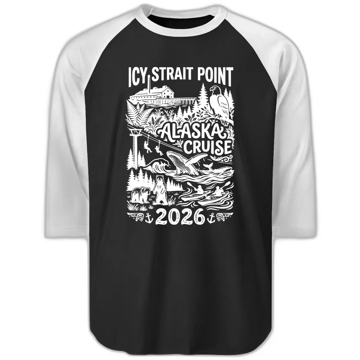 Icy Strait Point Alaska Cruise 2026 Raglan 3/4 in Black White