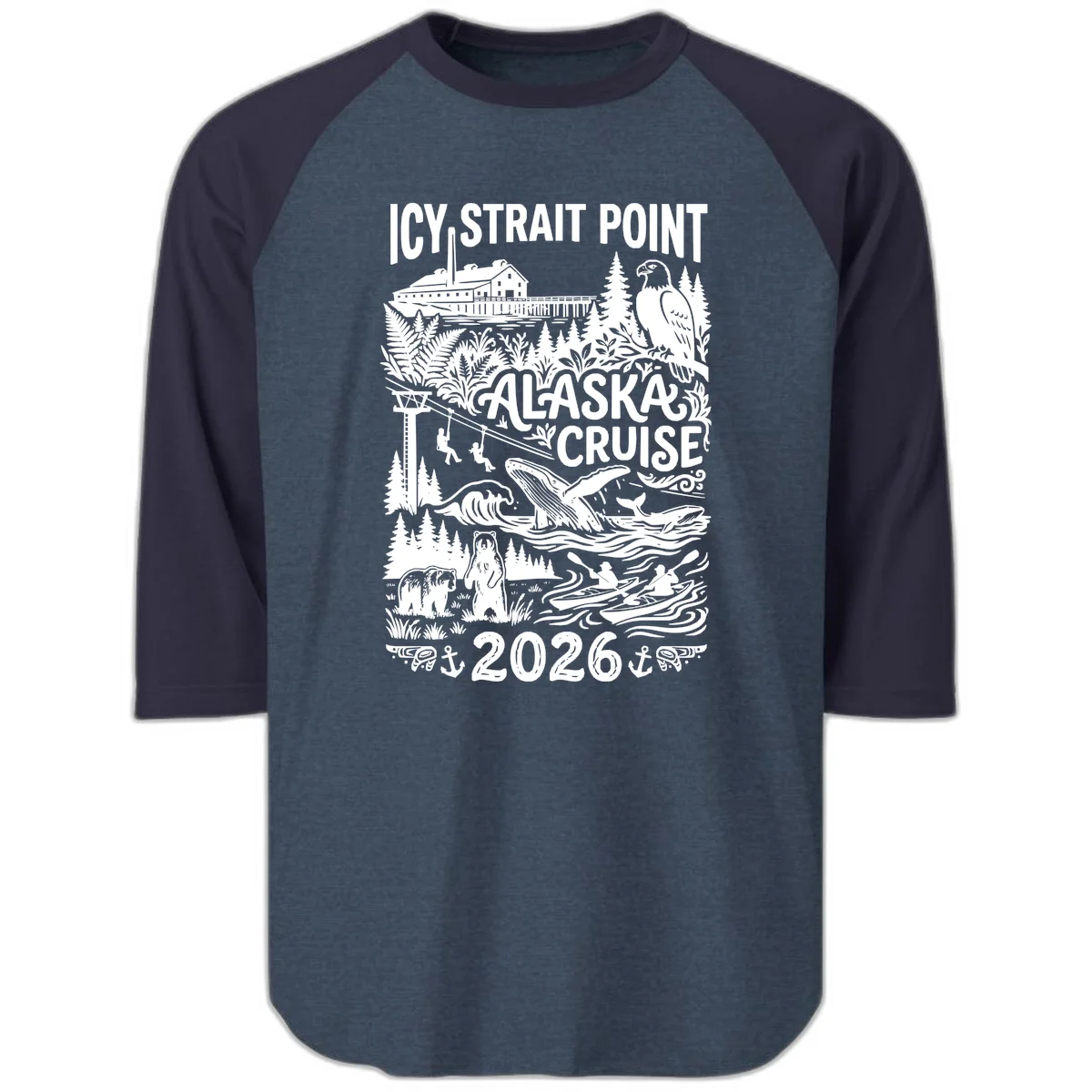 Icy Strait Point Alaska Cruise 2026 Raglan 3/4 in Heather Denim Navy
