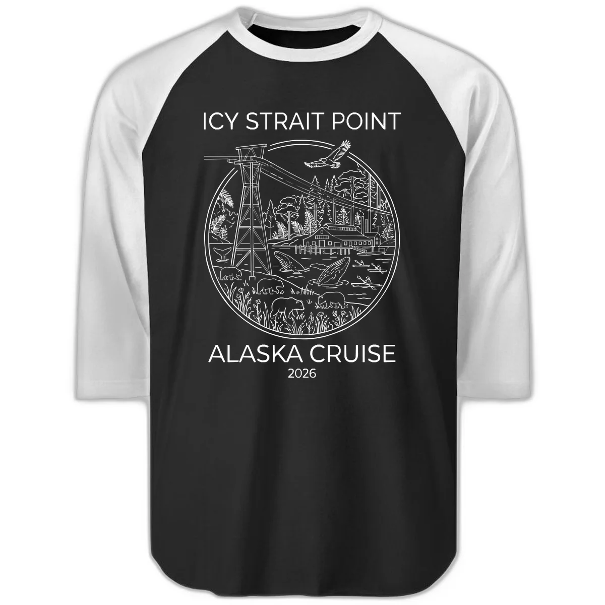 Icy Strait Point Wildlife Panorama Raglan 3/4 in Black White