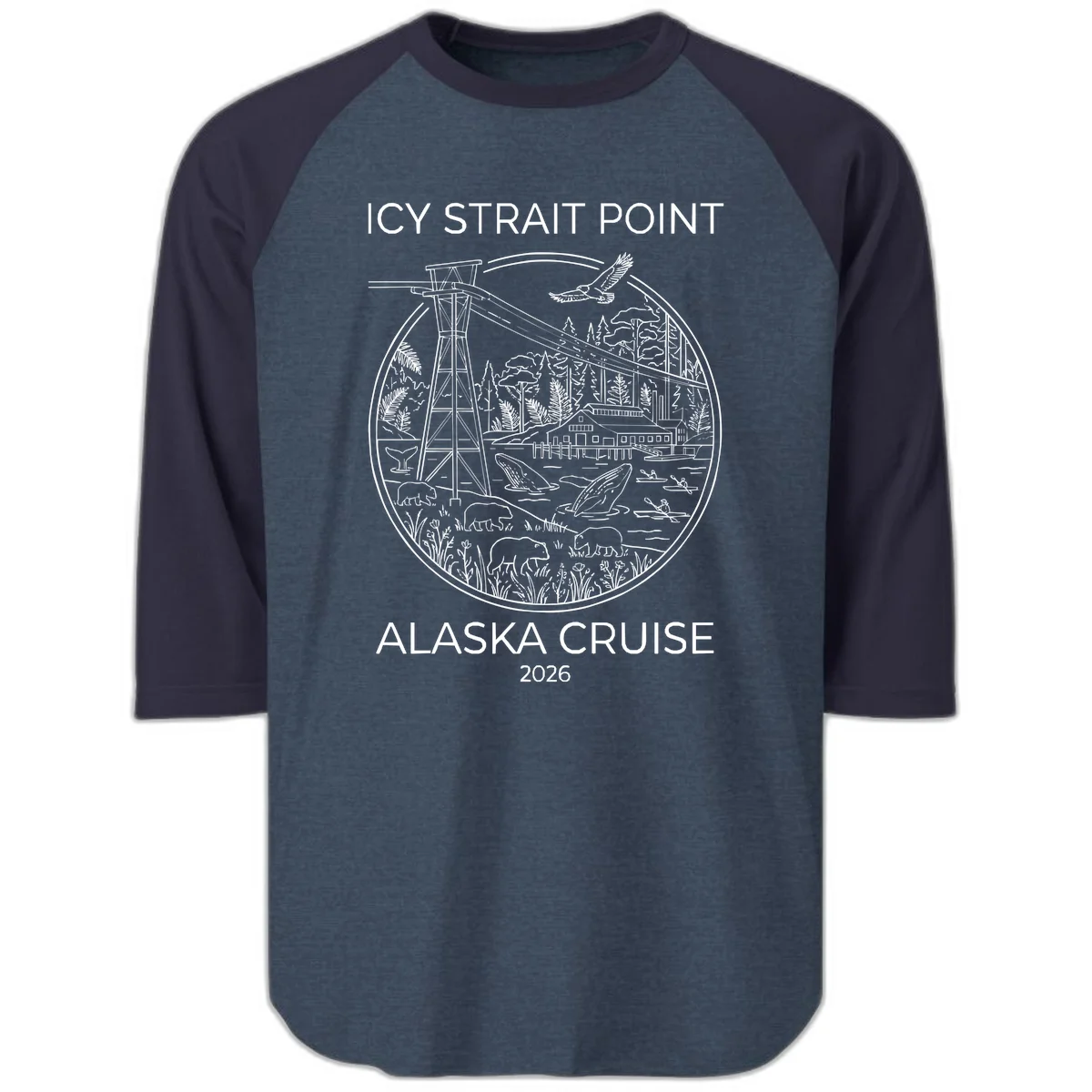 Icy Strait Point Wildlife Panorama Raglan 3/4 in Heather Denim Navy