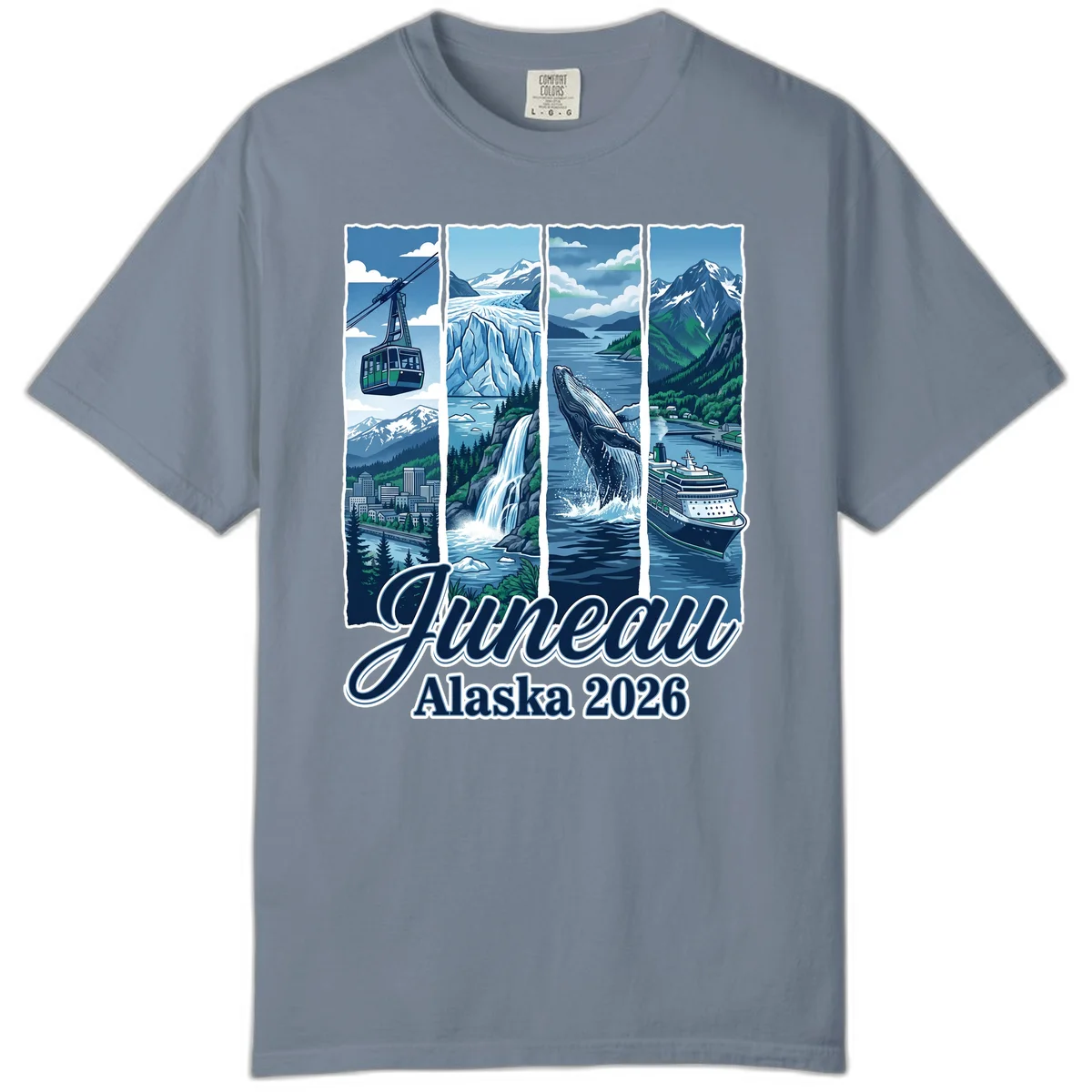 Alaska 2026 Adventure Collage Comfort Color Tee in Blue Jean