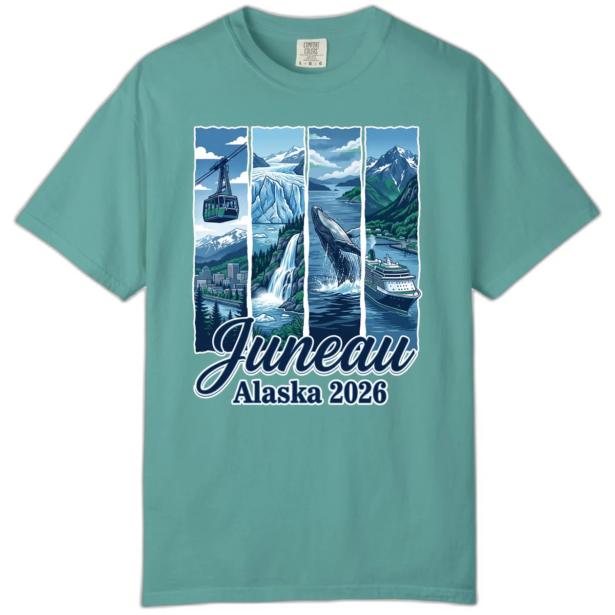 Alaska 2026 Adventure Collage Comfort Color Tee in Seafoam