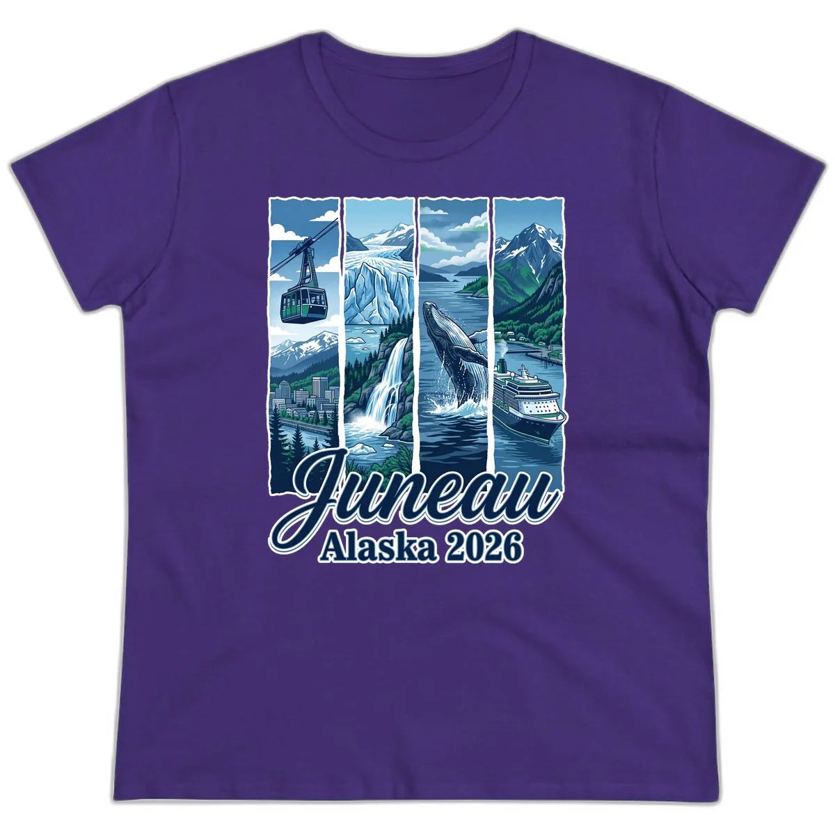 Alaska 2026 Adventure Collage Ladies Tee in Purple