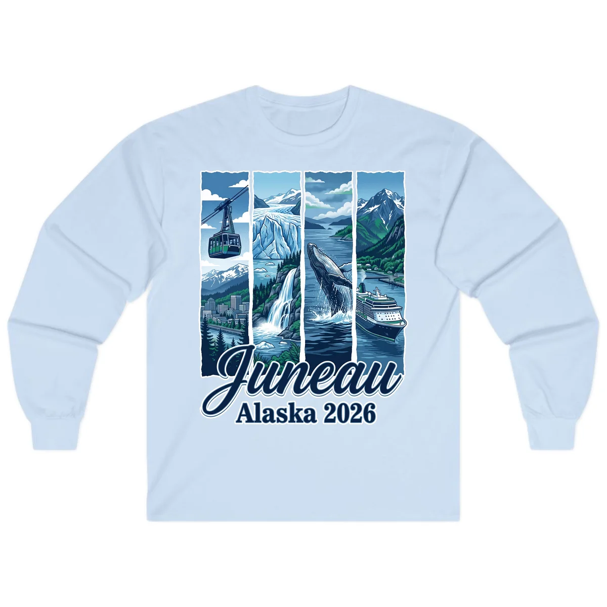 Alaska 2026 Adventure Collage Long Sleeve Tee in Light Blue