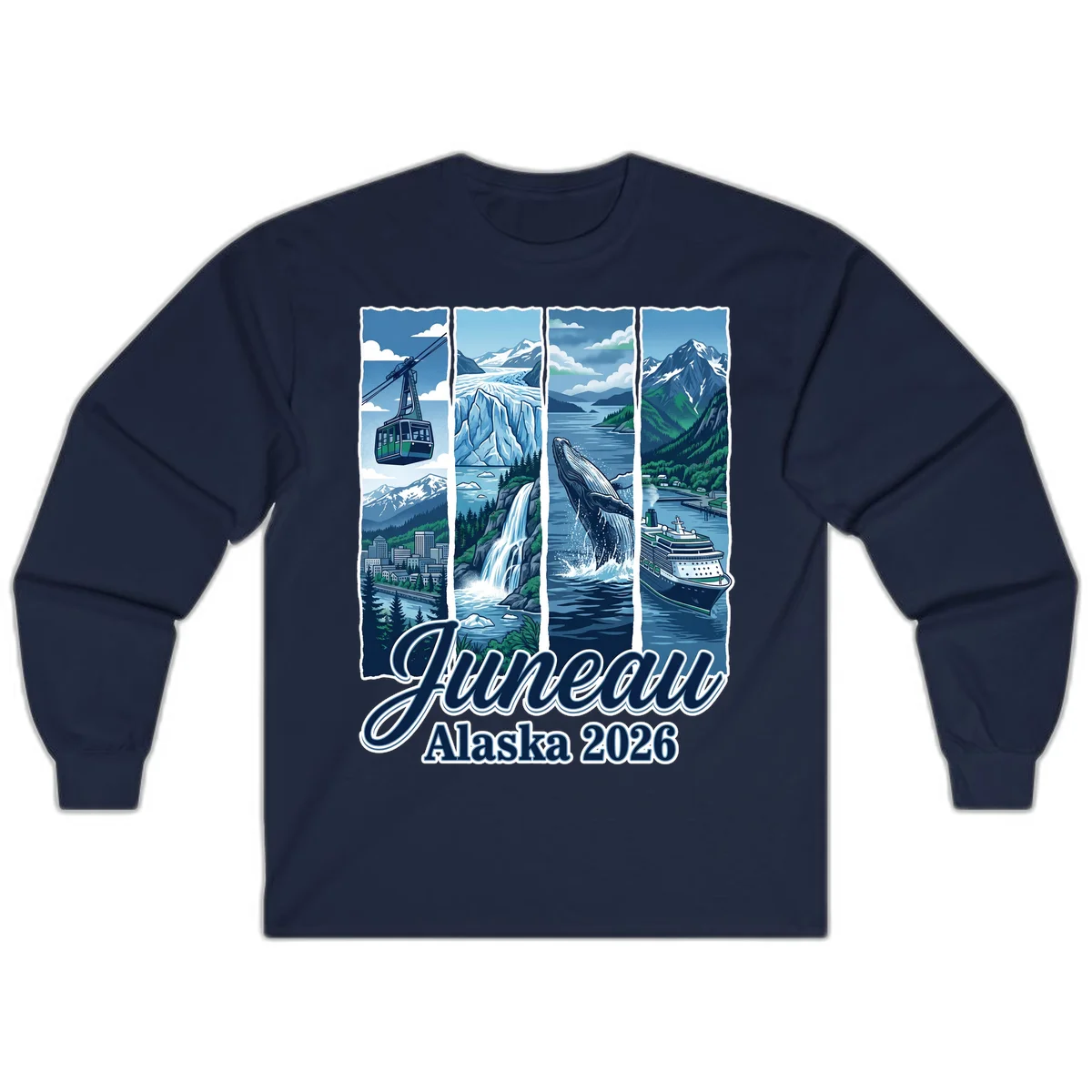 Alaska 2026 Adventure Collage Long Sleeve Tee in Navy