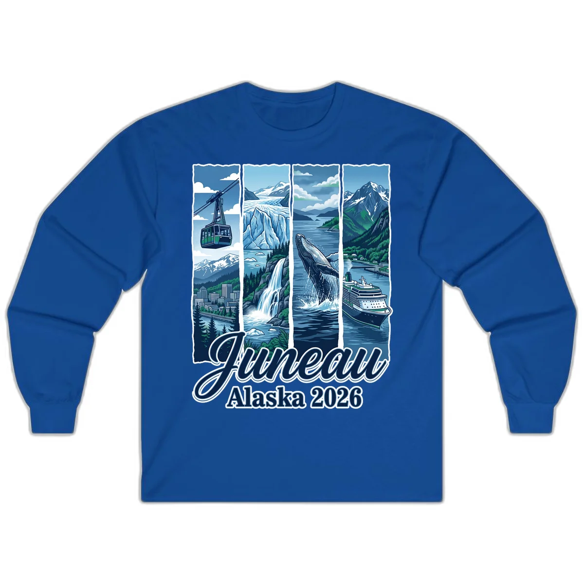 Alaska 2026 Adventure Collage Long Sleeve Tee in Royal