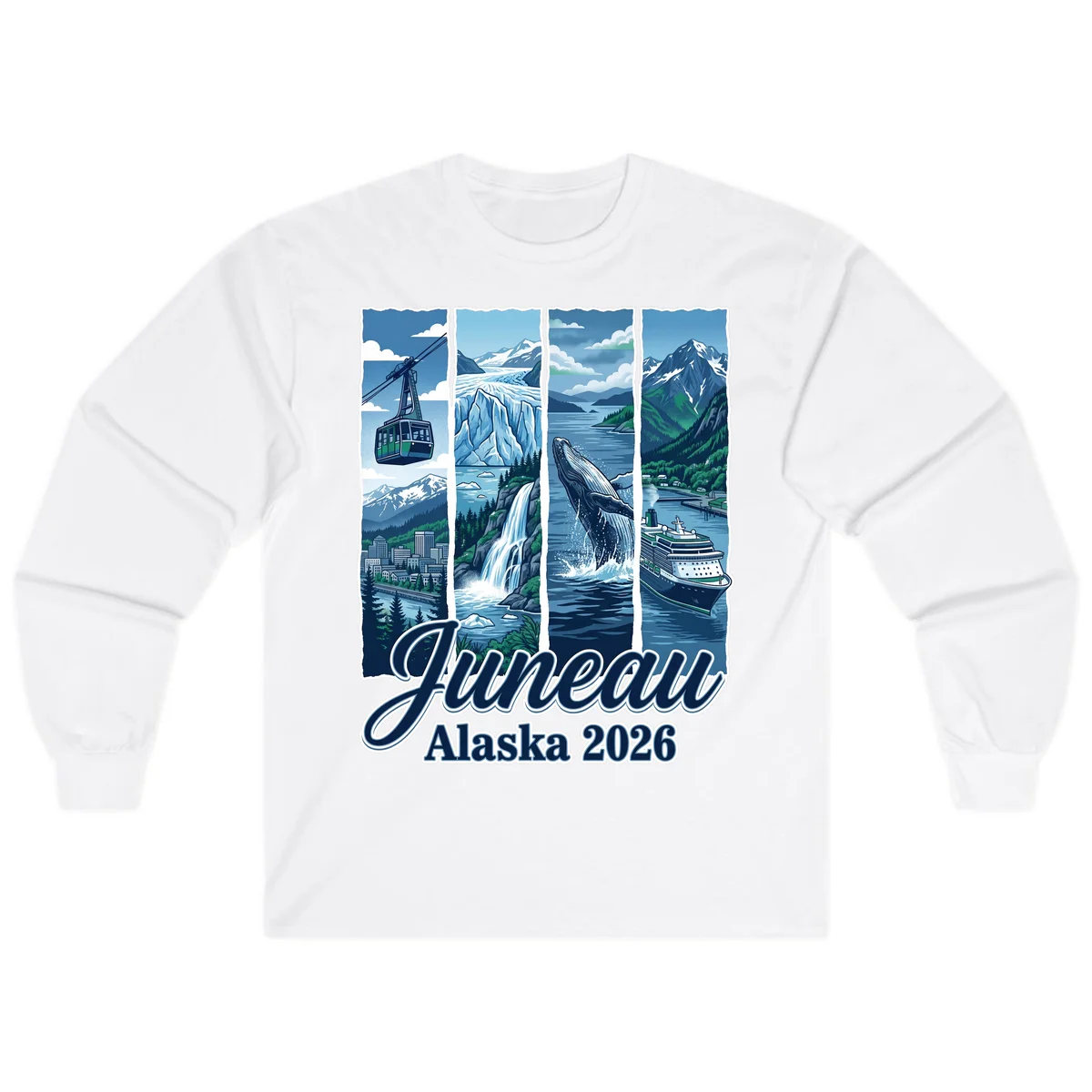 Alaska 2026 Adventure Collage Long Sleeve Tee in White