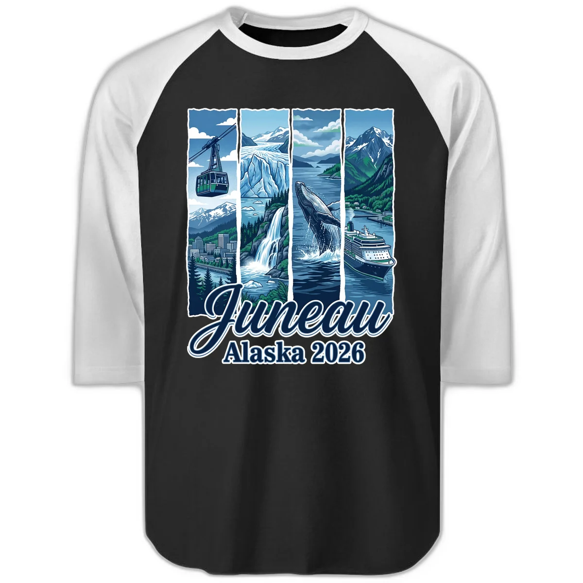 Alaska 2026 Adventure Collage Raglan 3/4 Sleeve in Black White