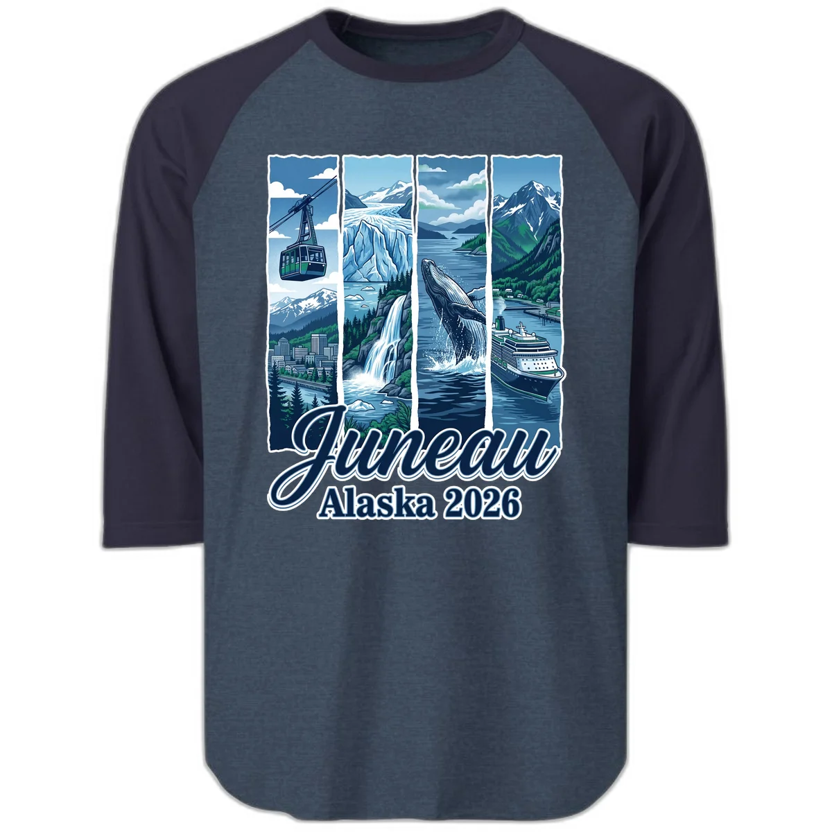 Alaska 2026 Adventure Collage Raglan 3/4 Sleeve in Heather Denim Navy