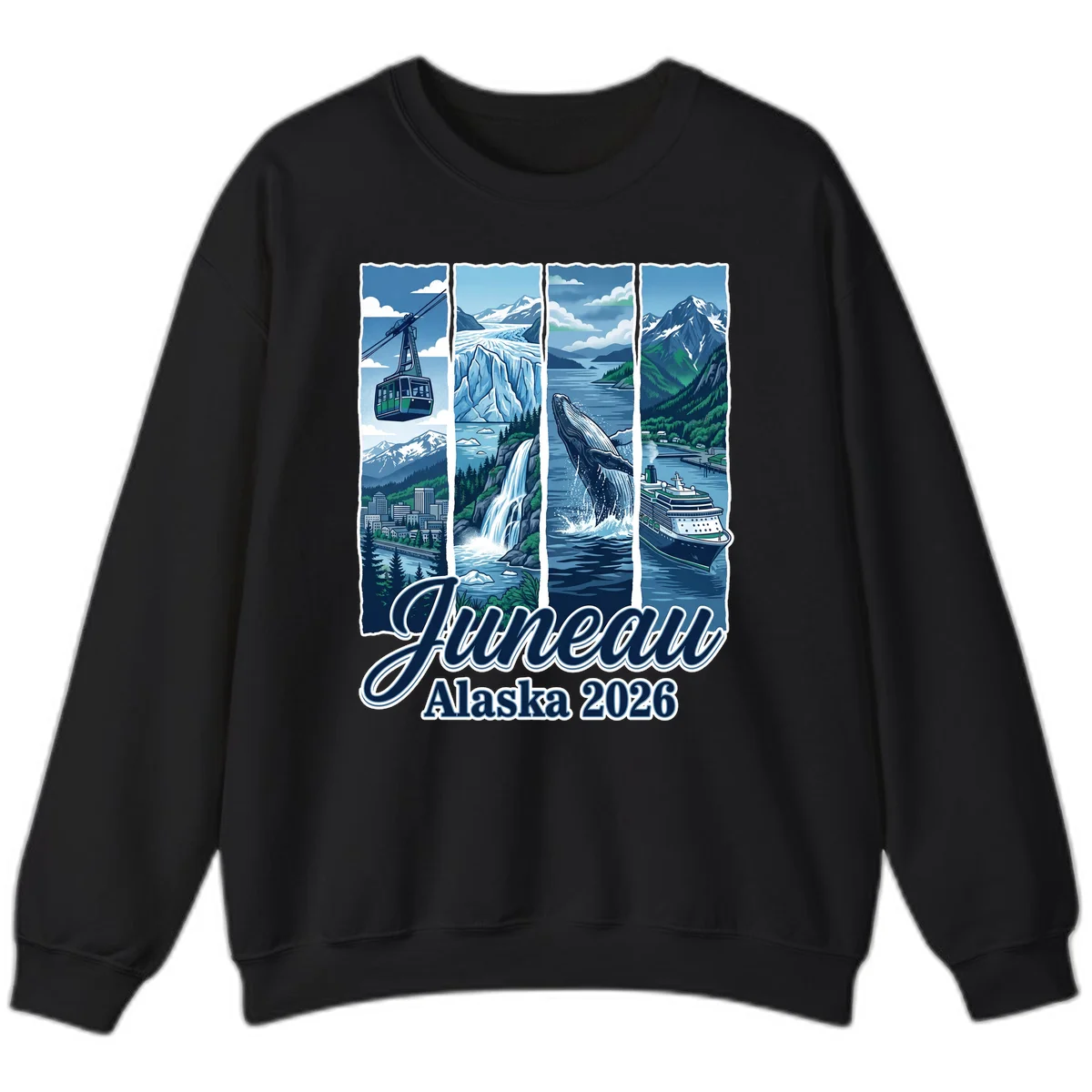 Alaska 2026 Adventure Collage Crewneck Sweatshirt in Black