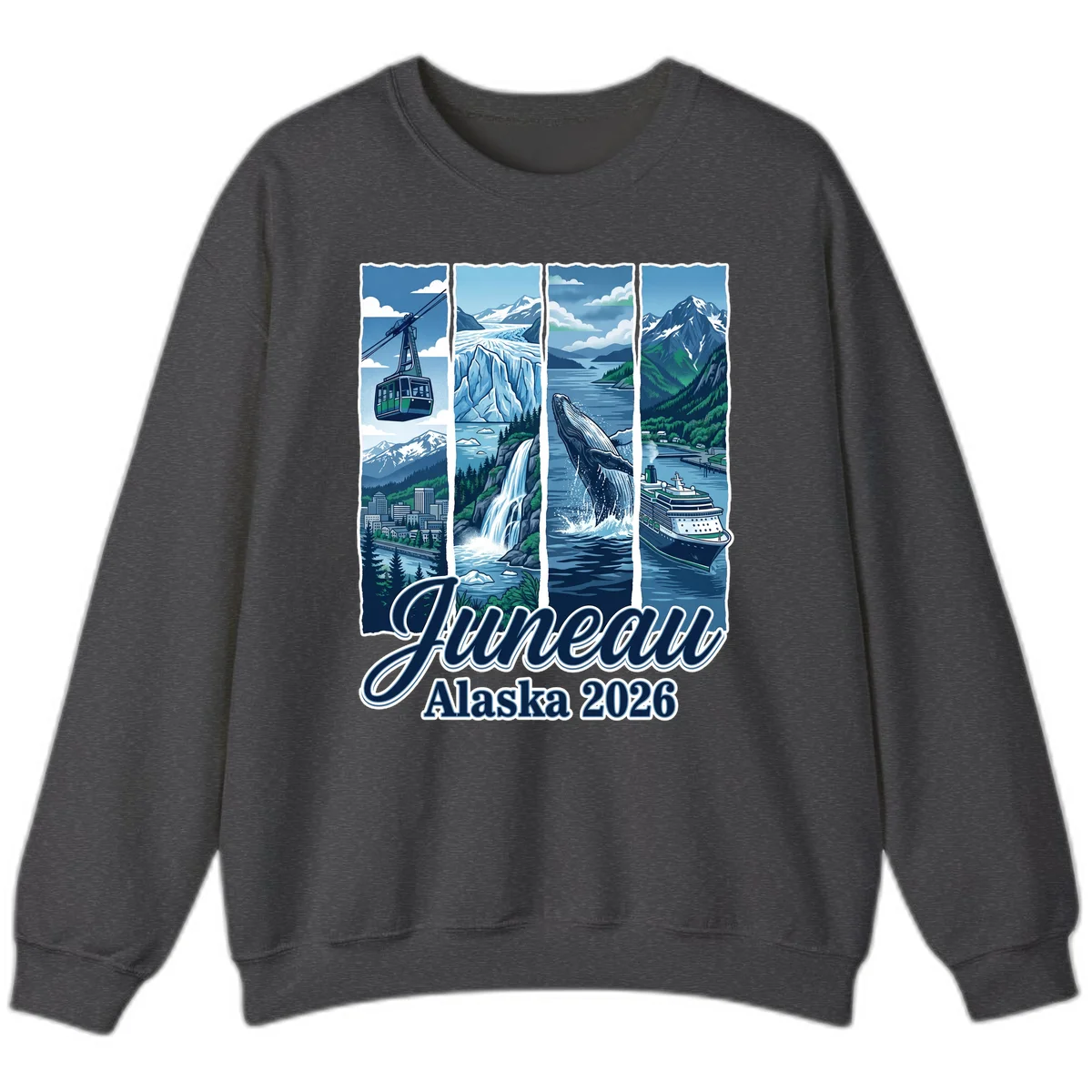 Alaska 2026 Adventure Collage Crewneck Sweatshirt in Dark Heather
