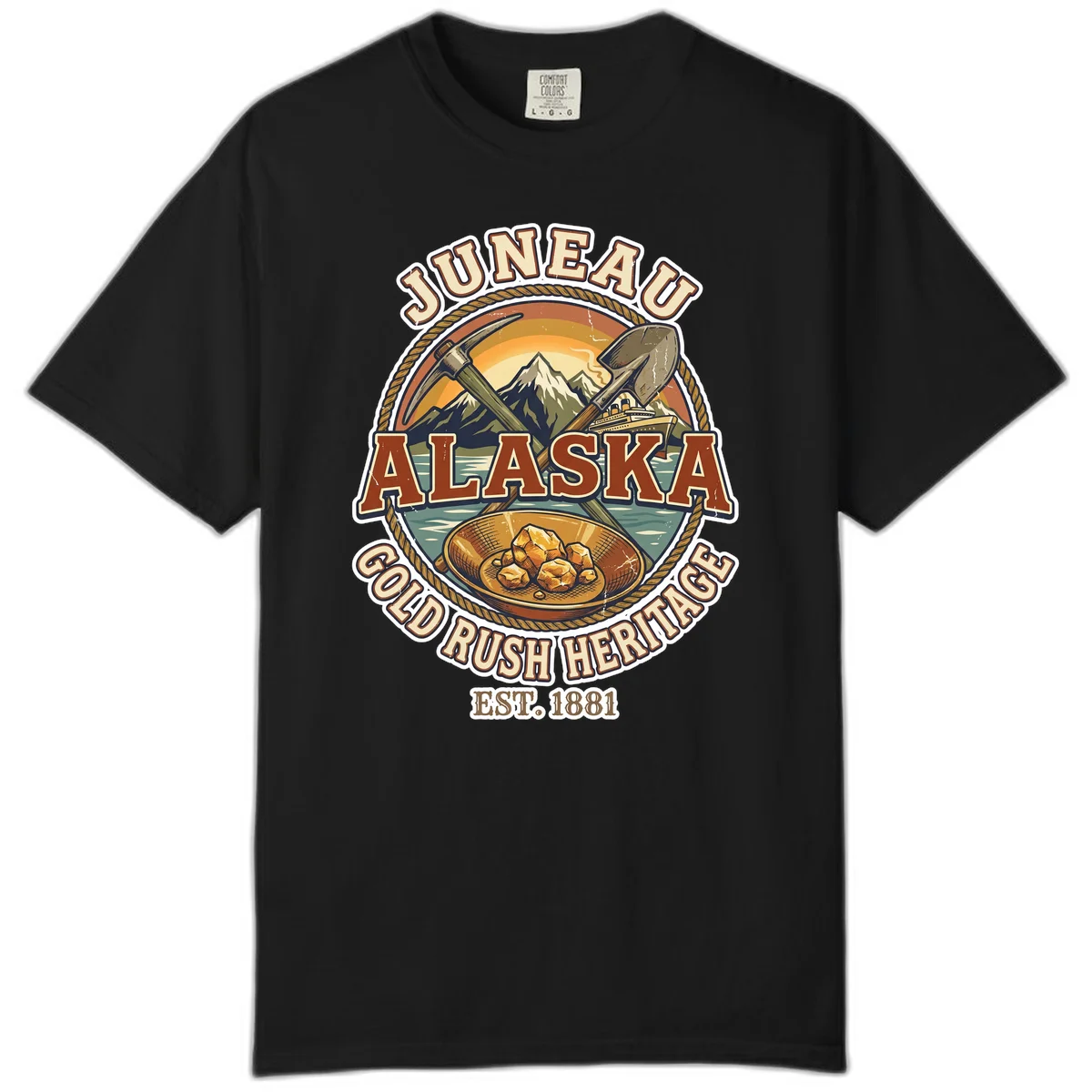 Juneau Alaska Gold Rush Heritage Comfort Color T-Shirt in Black