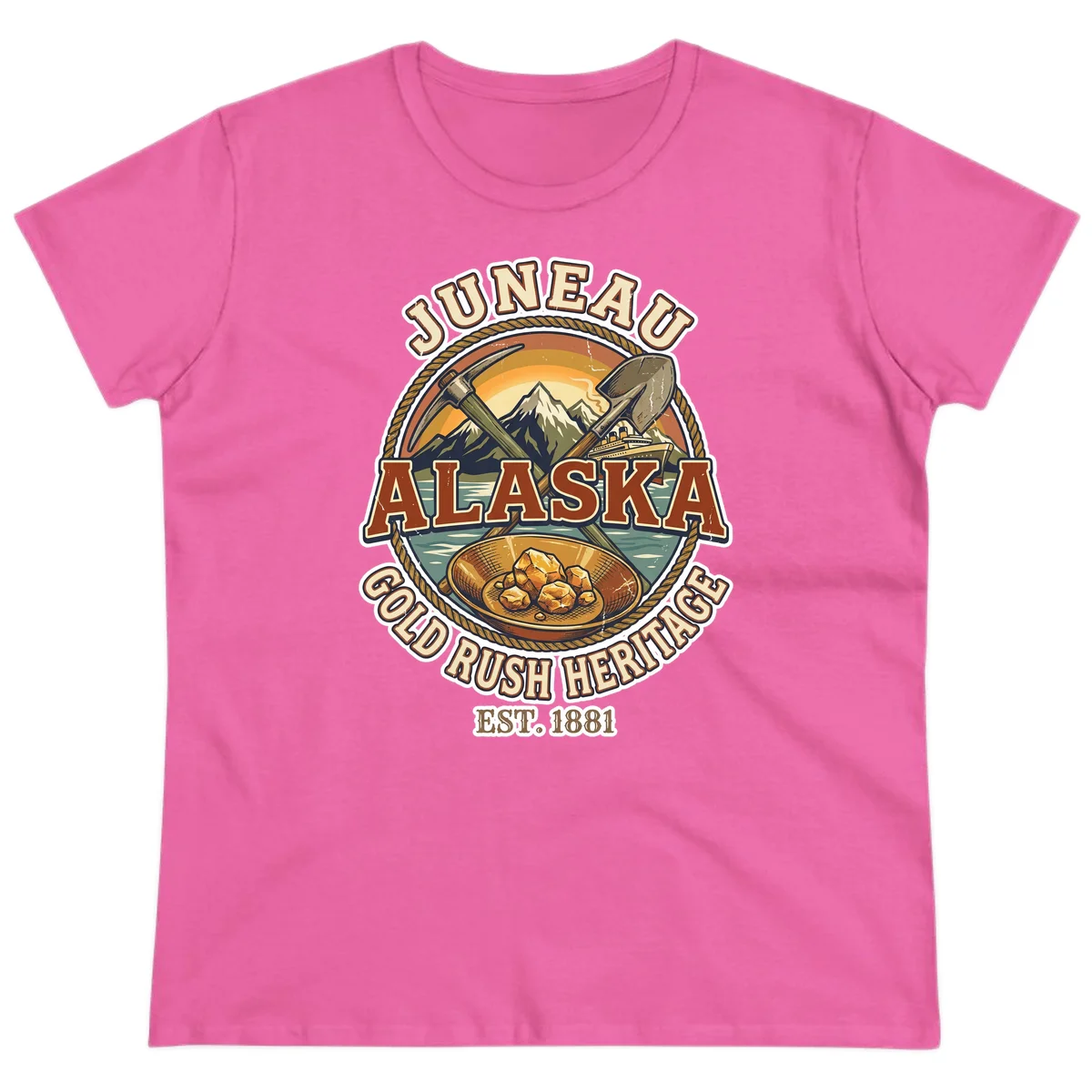 Juneau Alaska Gold Rush Heritage Ladies Tee in Azalea