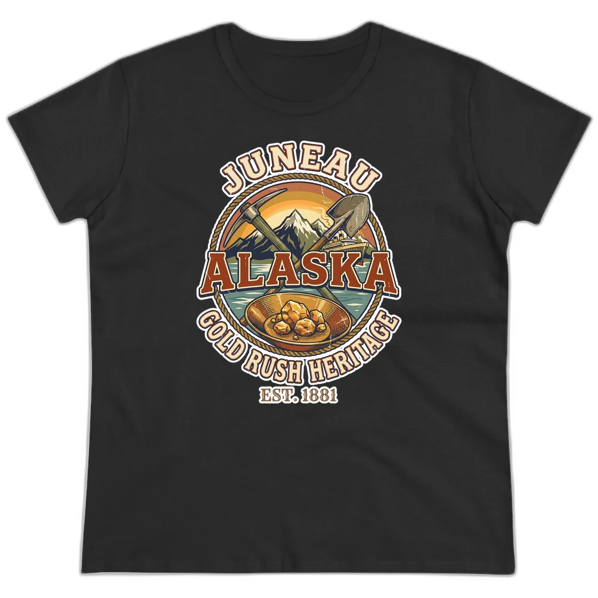 Juneau Alaska Gold Rush Heritage Ladies Tee in Black