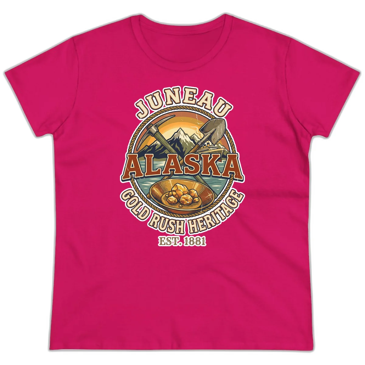 Juneau Alaska Gold Rush Heritage Ladies Tee in Heliconia