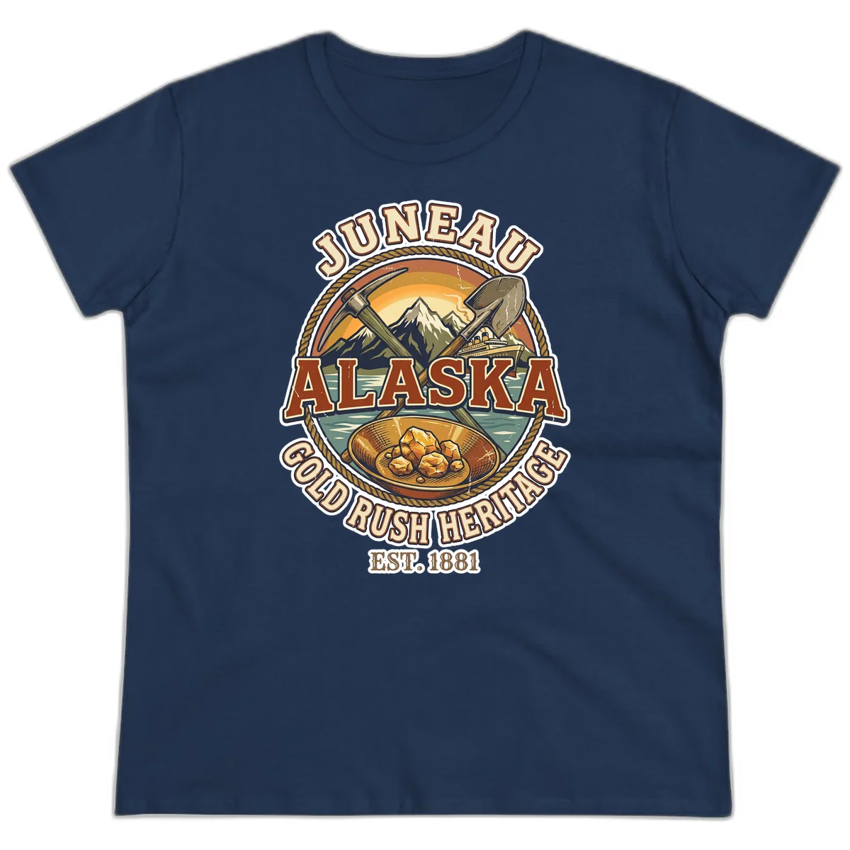 Juneau Alaska Gold Rush Heritage Ladies Tee in Navy
