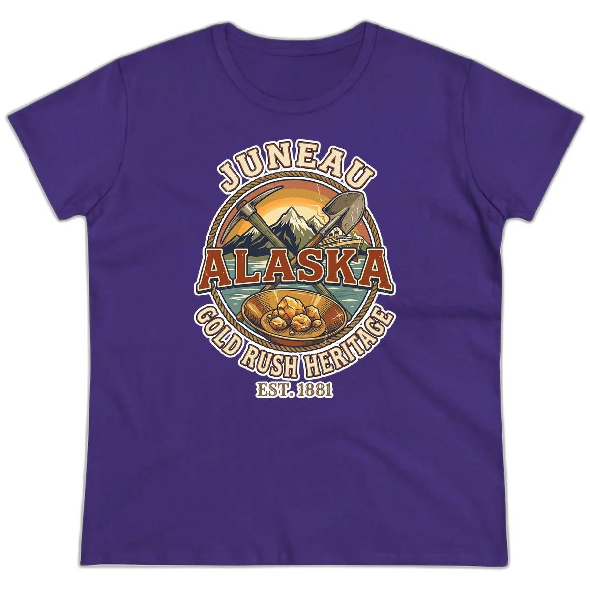Juneau Alaska Gold Rush Heritage Ladies Tee in Purple