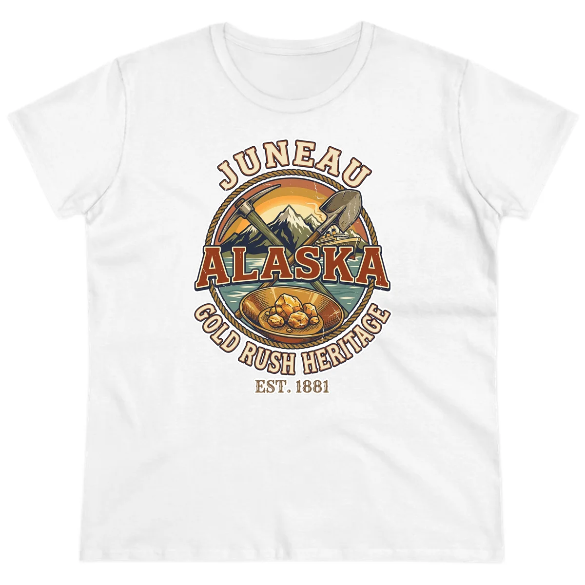Juneau Alaska Gold Rush Heritage Ladies Tee in White