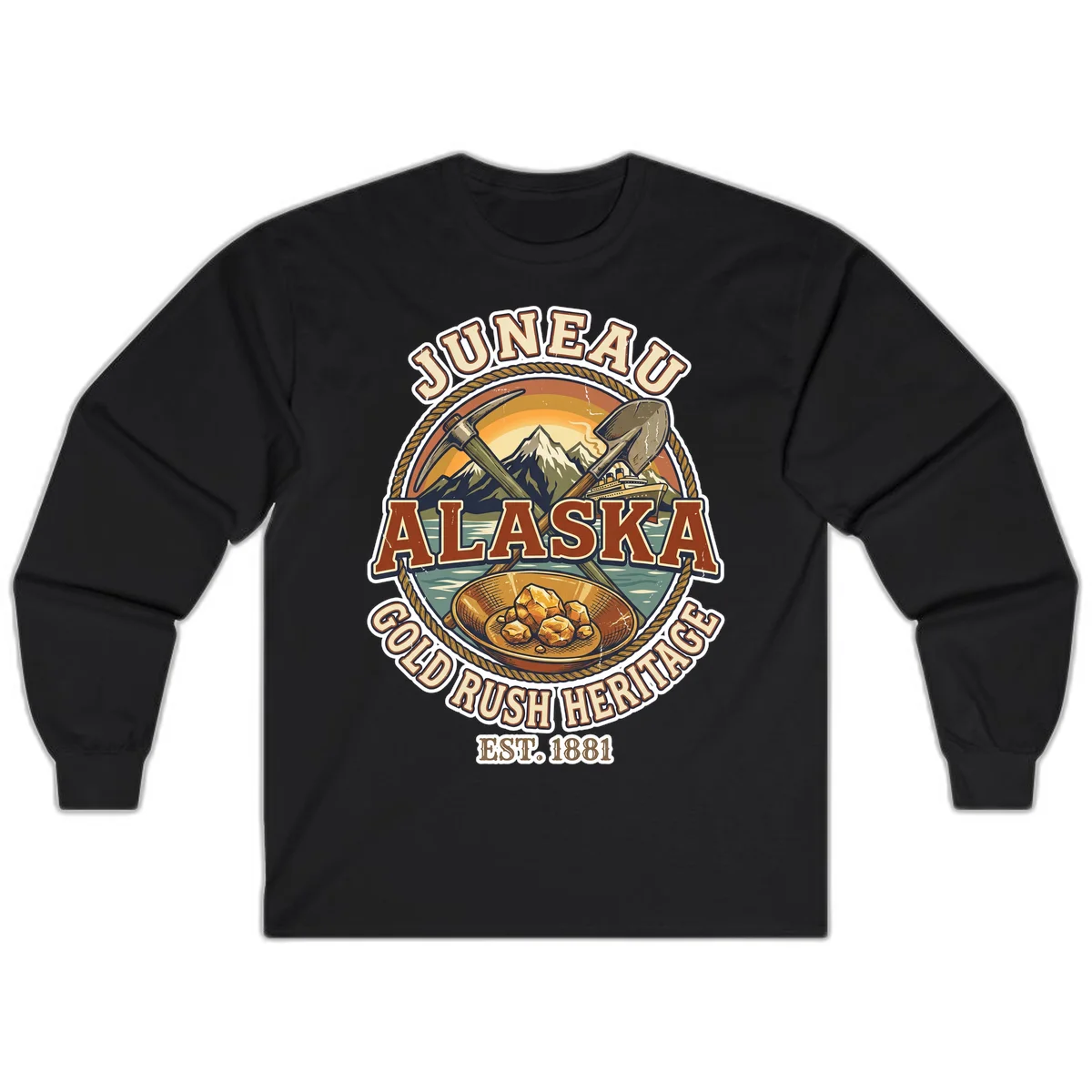 Juneau Alaska Gold Rush Heritage Long Sleeve Shirt in Black