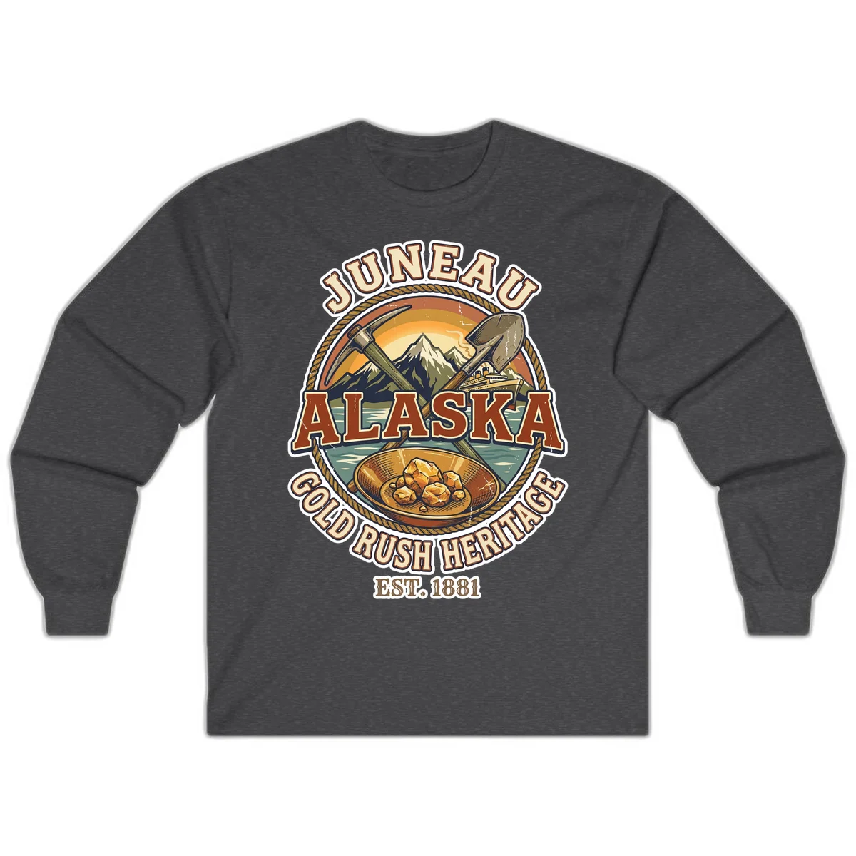 Juneau Alaska Gold Rush Heritage Long Sleeve Shirt in Dark Heather