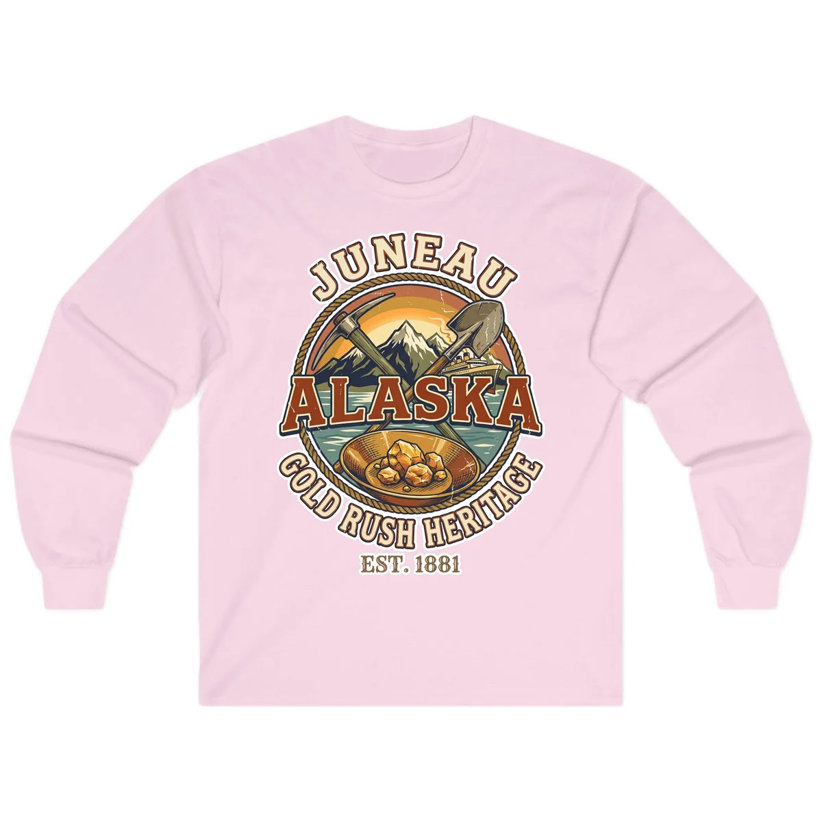 Juneau Alaska Gold Rush Heritage Long Sleeve Shirt in Light Pink
