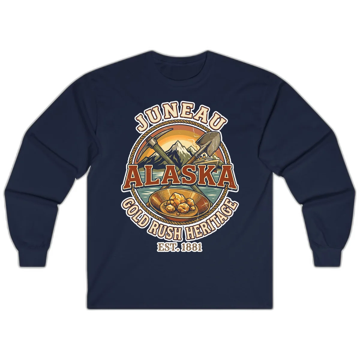 Juneau Alaska Gold Rush Heritage Long Sleeve Shirt in Navy