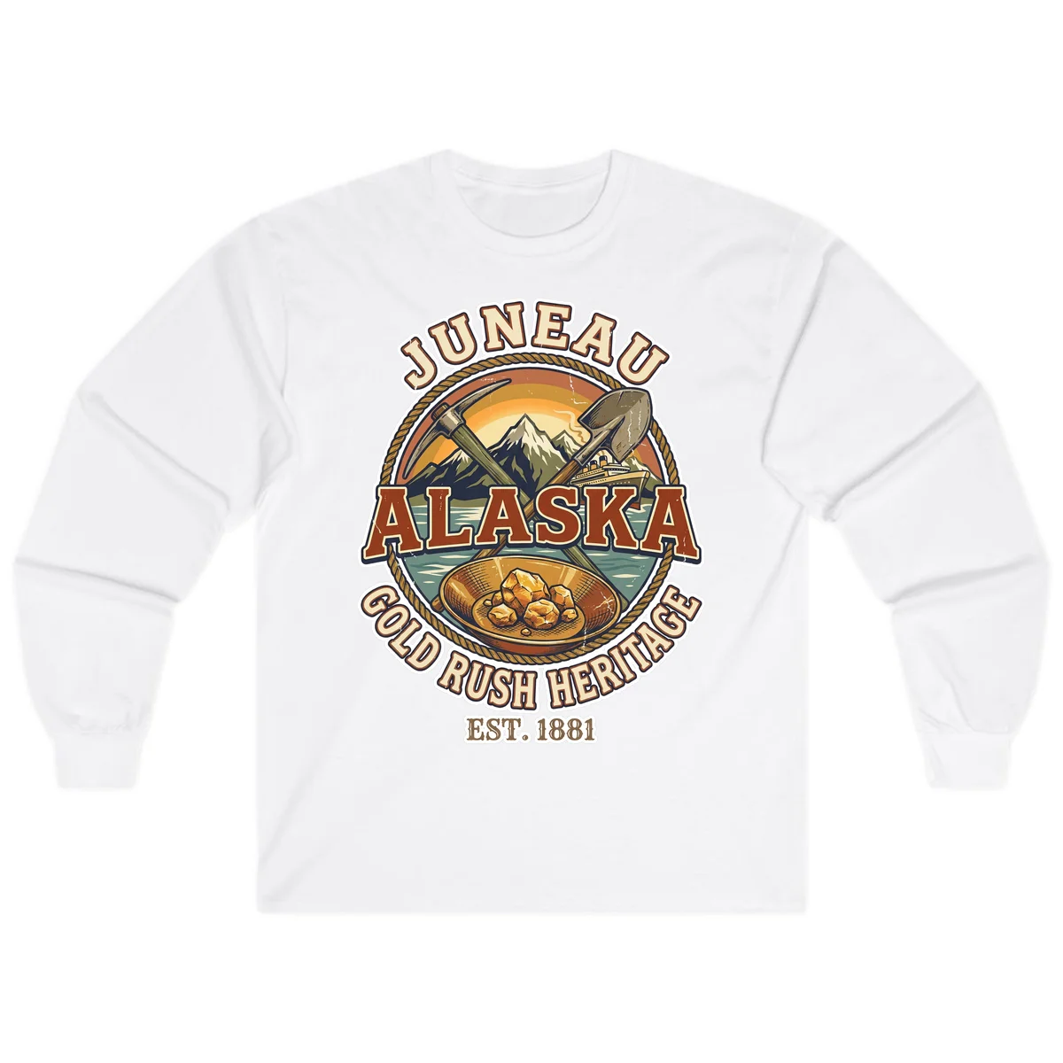 Juneau Alaska Gold Rush Heritage Long Sleeve Shirt in White