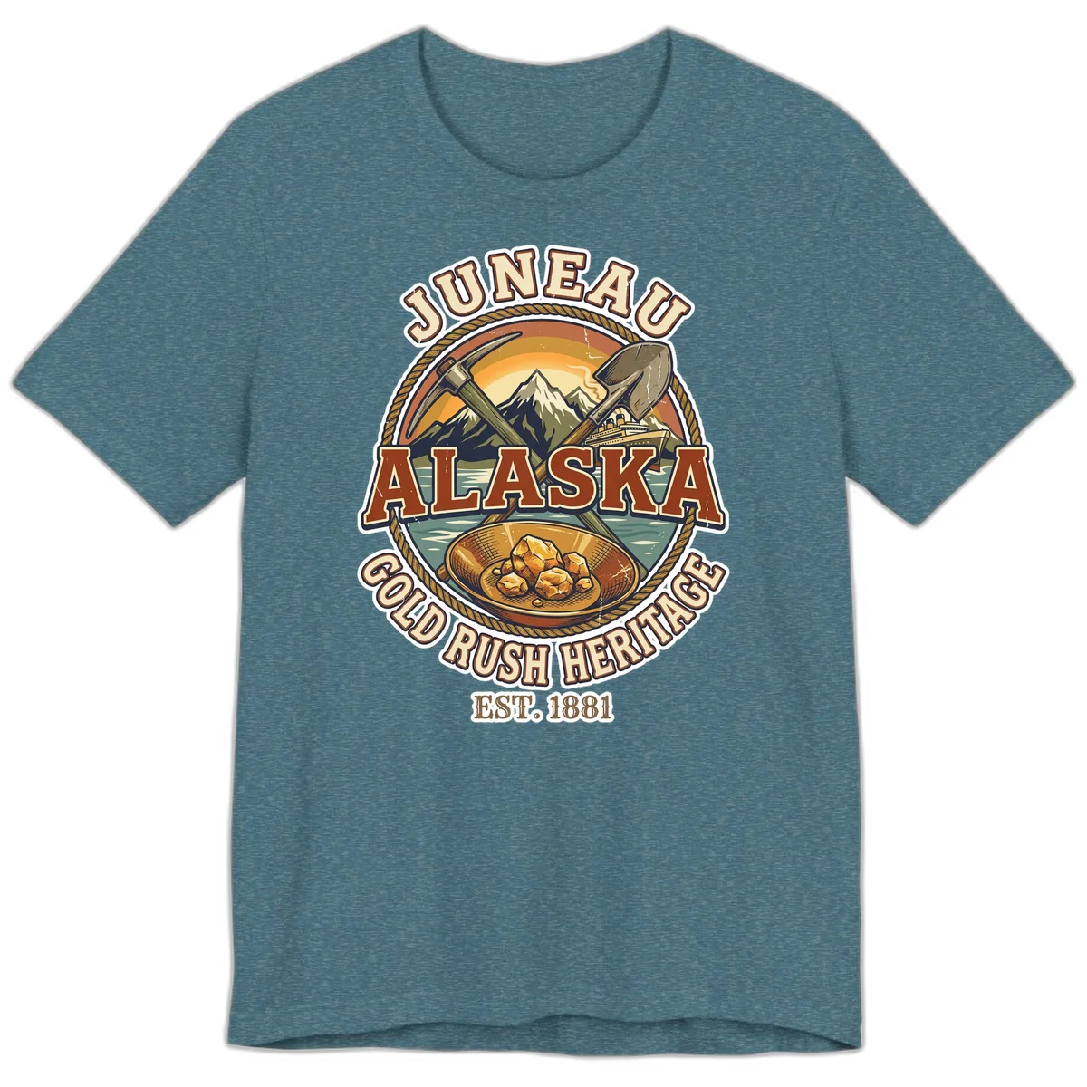 Juneau Alaska Gold Rush Heritage Premium T-Shirt in Heather Deep Teal