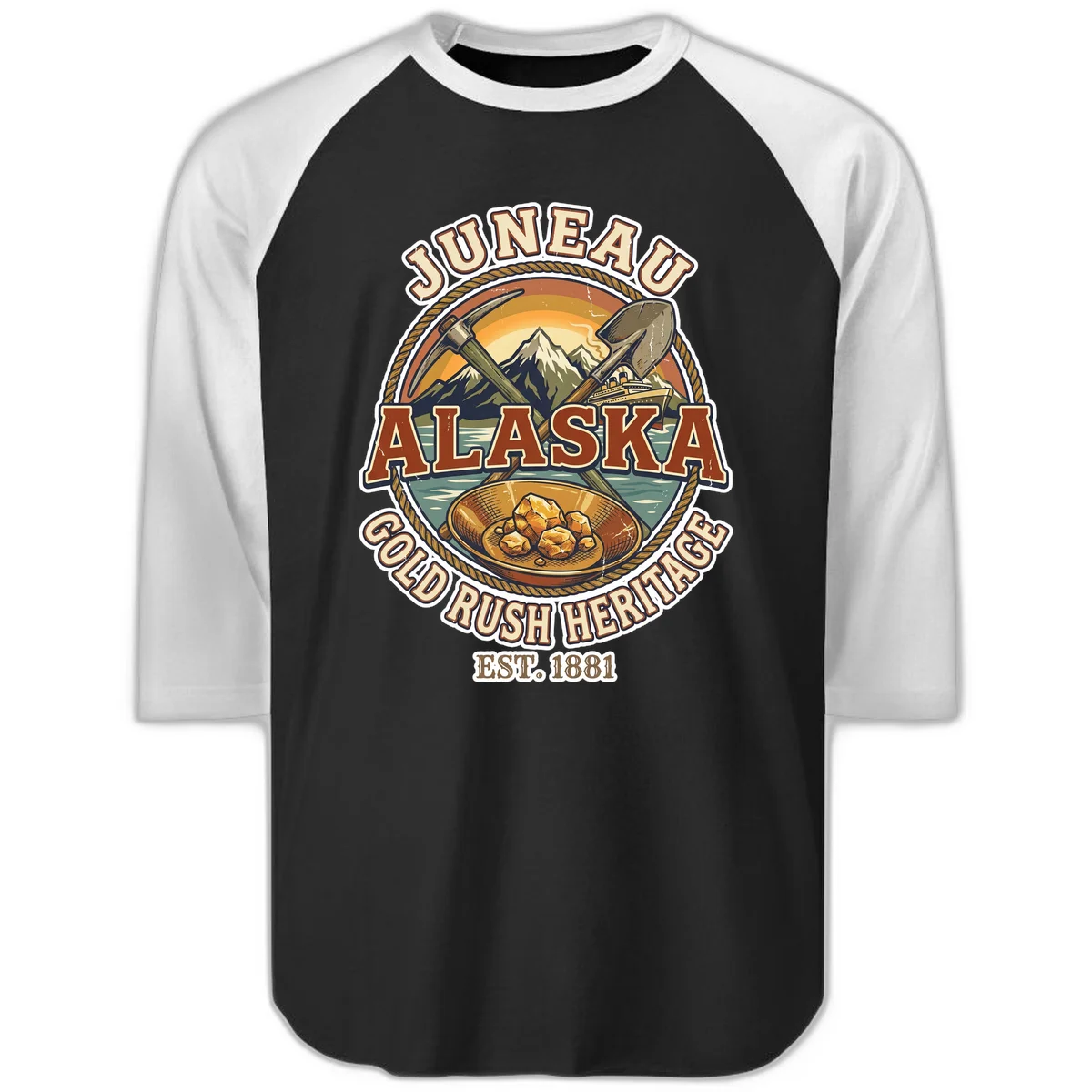 Juneau Alaska Gold Rush Heritage Raglan 3/4 Sleeve Shirt in Black White