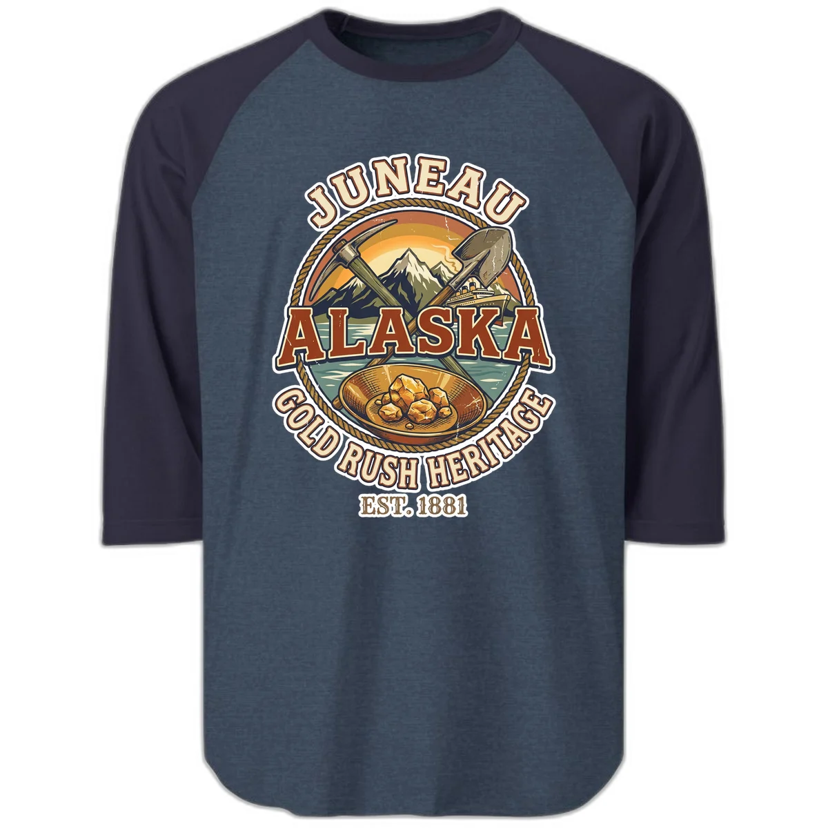 Juneau Alaska Gold Rush Heritage Raglan 3/4 Sleeve Shirt in Heather Denim Navy