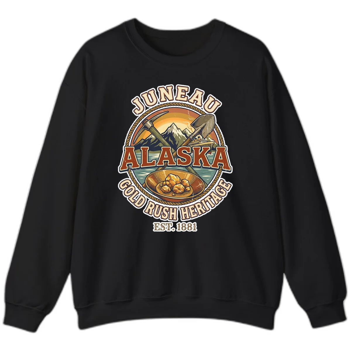 Juneau Alaska Gold Rush Heritage Crewneck Sweatshirt in Black