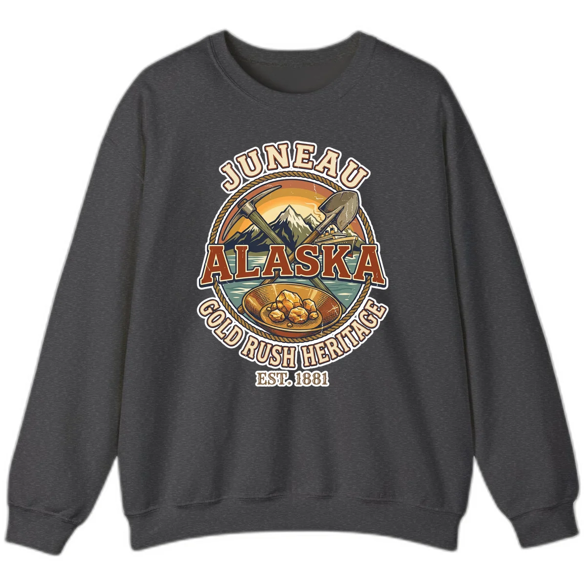 Juneau Alaska Gold Rush Heritage Crewneck Sweatshirt in Dark Heather