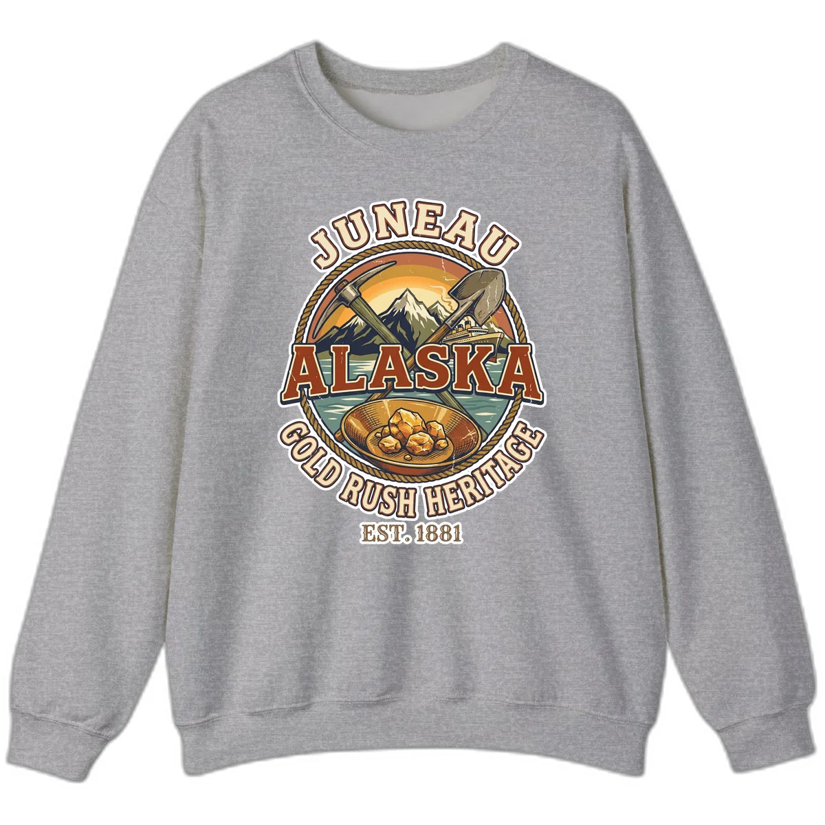 Juneau Alaska Gold Rush Heritage Crewneck Sweatshirt in Sport Grey