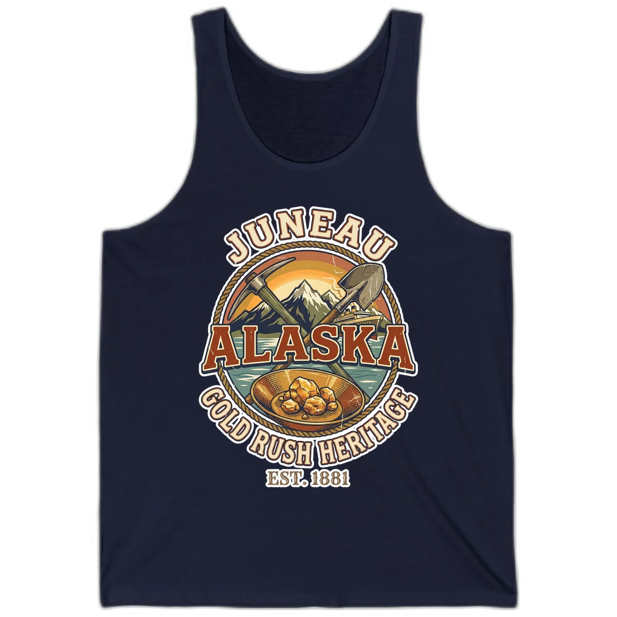 Juneau Alaska Gold Rush Heritage Tank Top in Navy
