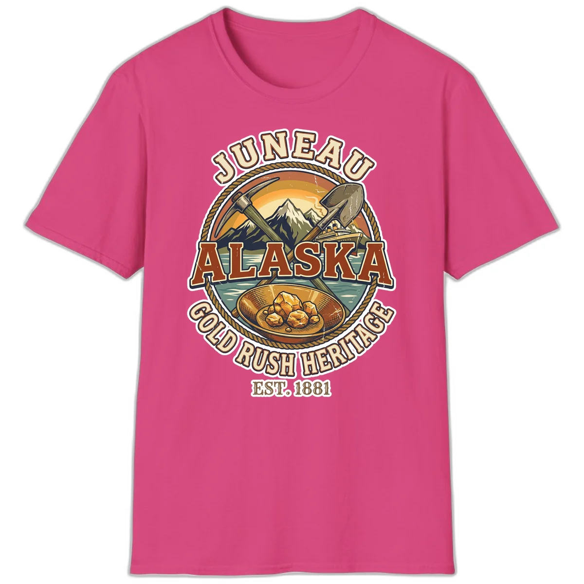 Juneau Alaska Gold Rush Heritage T-Shirt in Heliconia