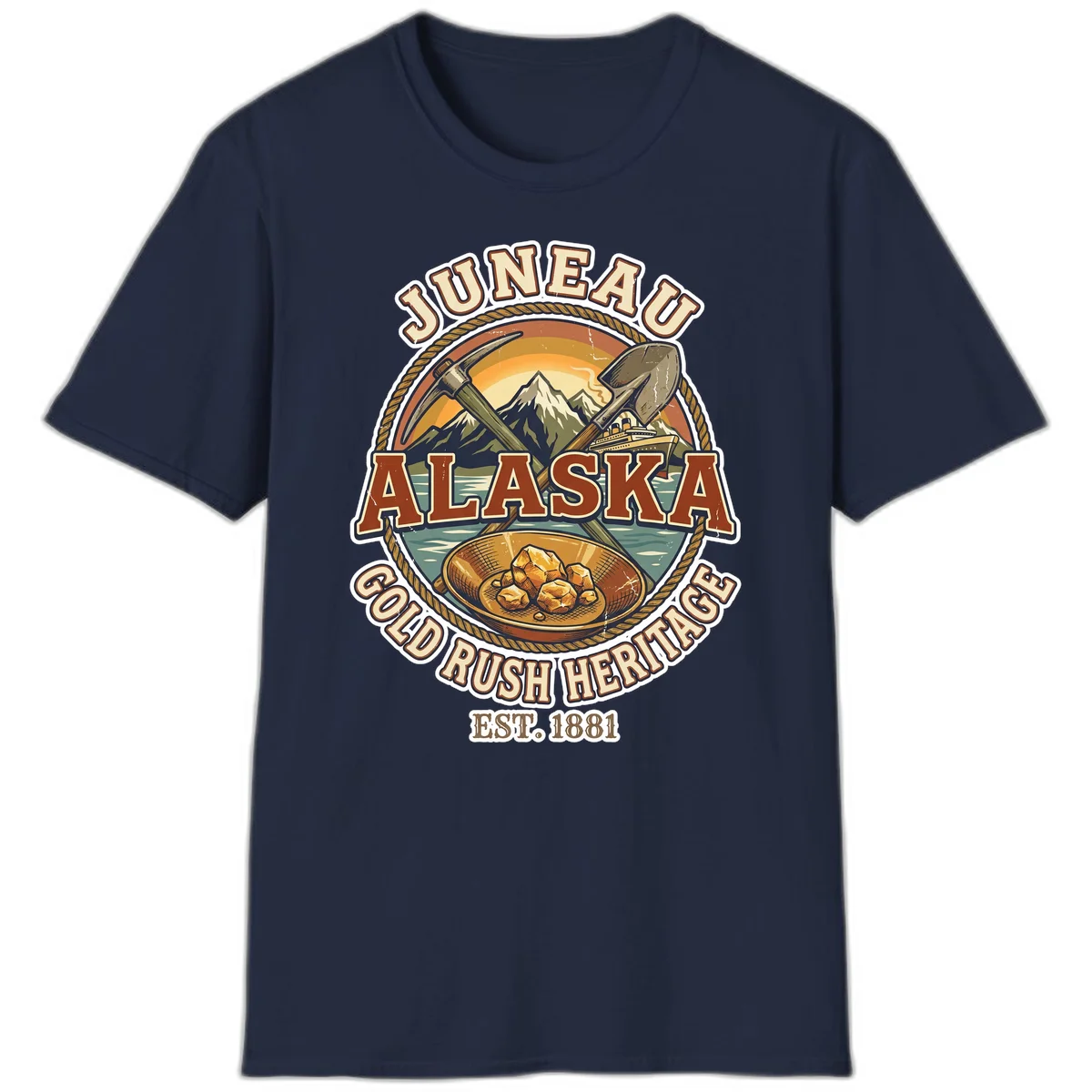 Juneau Alaska Gold Rush Heritage T-Shirt in Navy