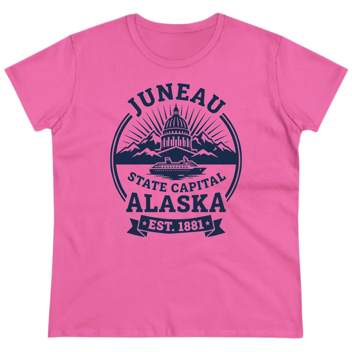 Juneau State Capital Alaska Cruise Badge Ladies Tee in Azalea