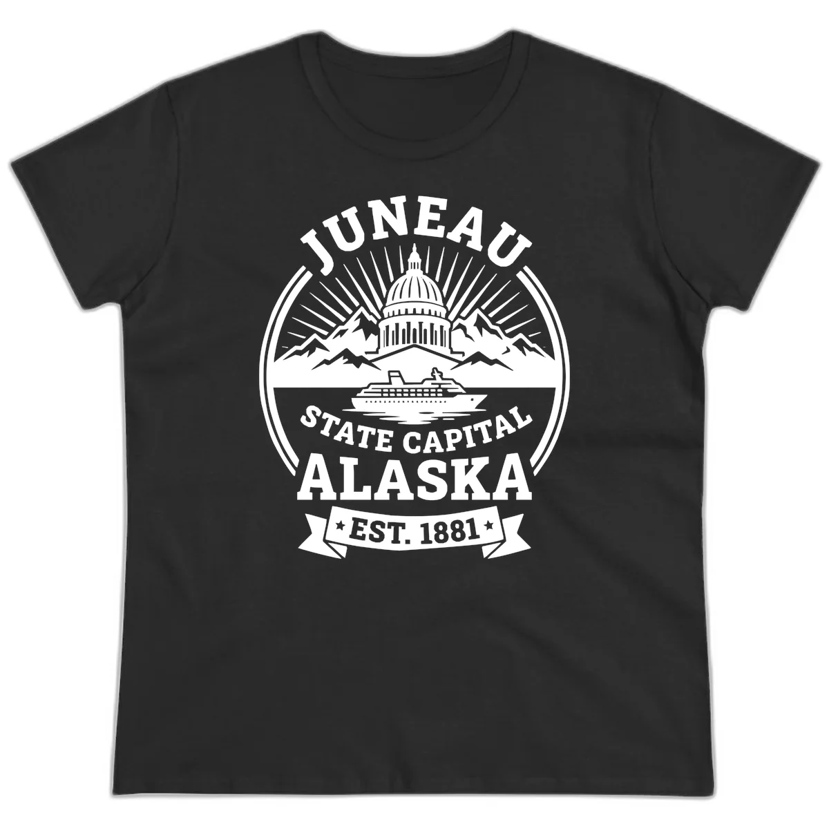 Juneau State Capital Alaska Cruise Badge Ladies Tee in Black