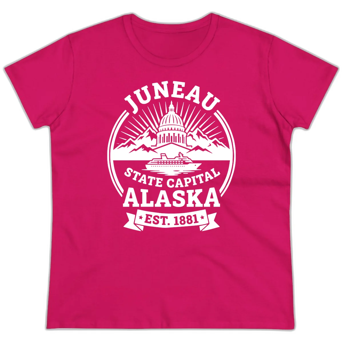 Juneau State Capital Alaska Cruise Badge Ladies Tee in Heliconia