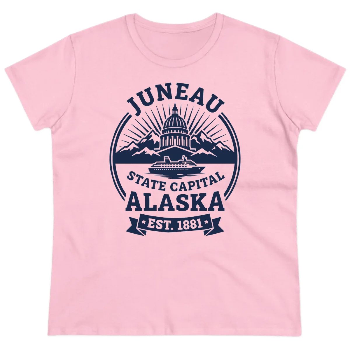 Juneau State Capital Alaska Cruise Badge Ladies Tee in Light Pink