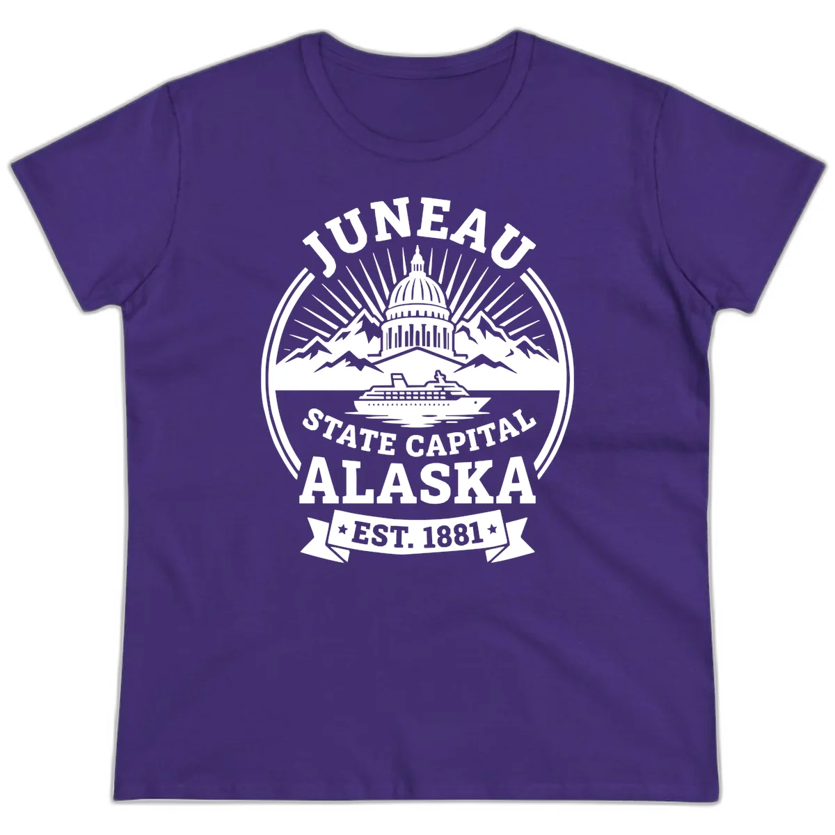 Juneau State Capital Alaska Cruise Badge Ladies Tee in Purple