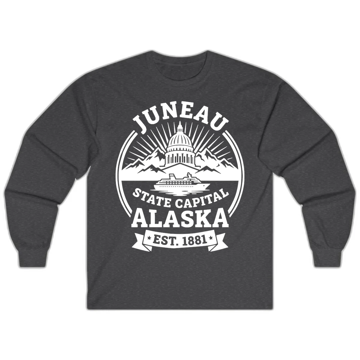 Juneau State Capital Alaska Cruise Badge Long Sleeve in Dark Heather