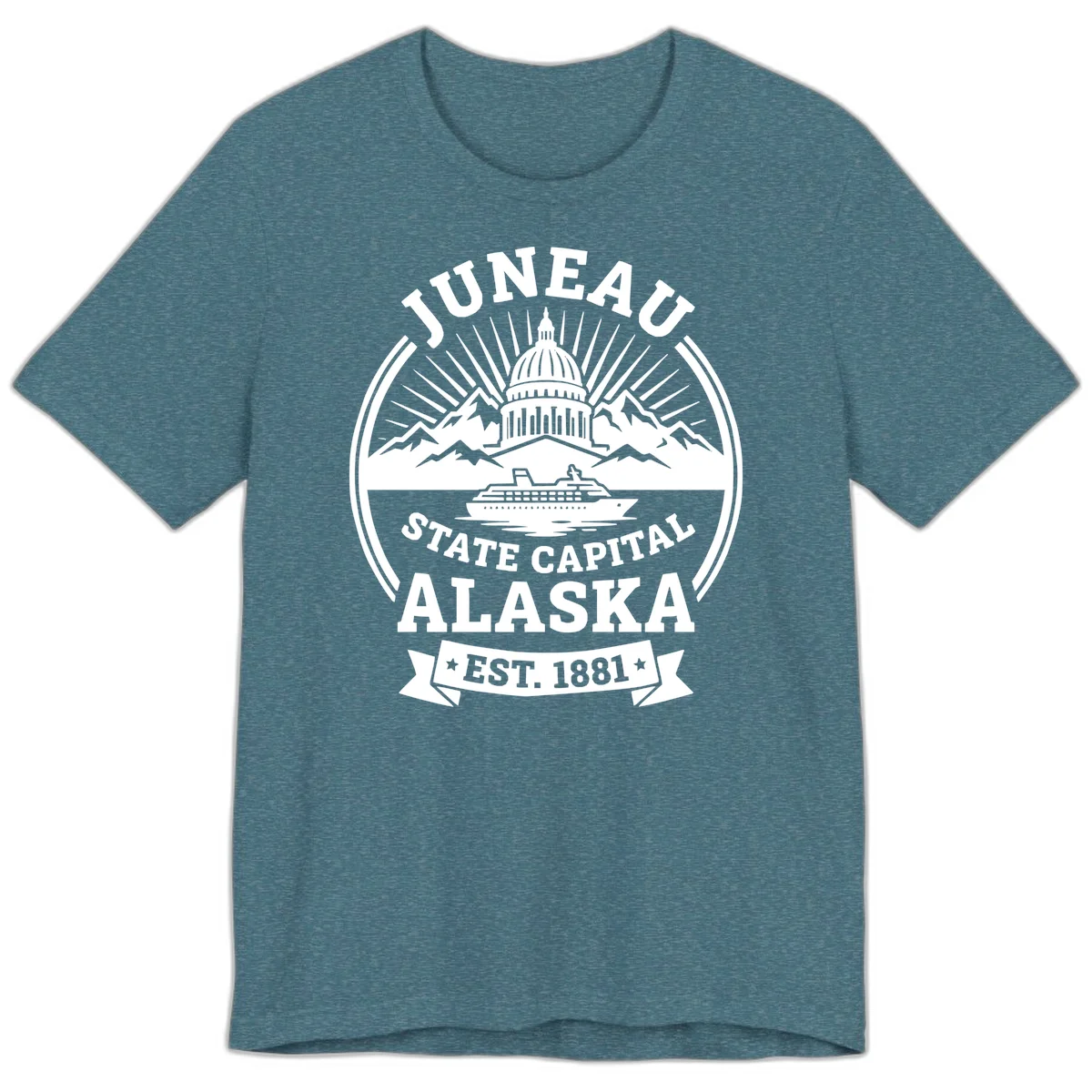 Juneau State Capital Alaska Cruise Badge Premium Tee in Heather Deep Teal