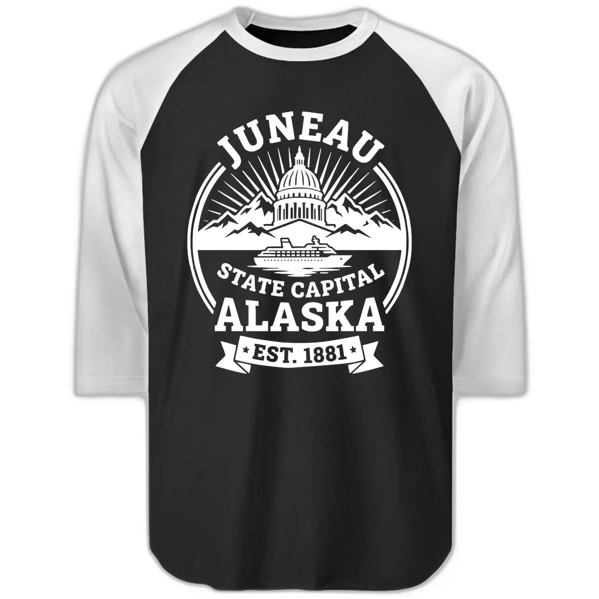 Juneau State Capital Alaska Cruise Badge Raglan 3/4 in Black White