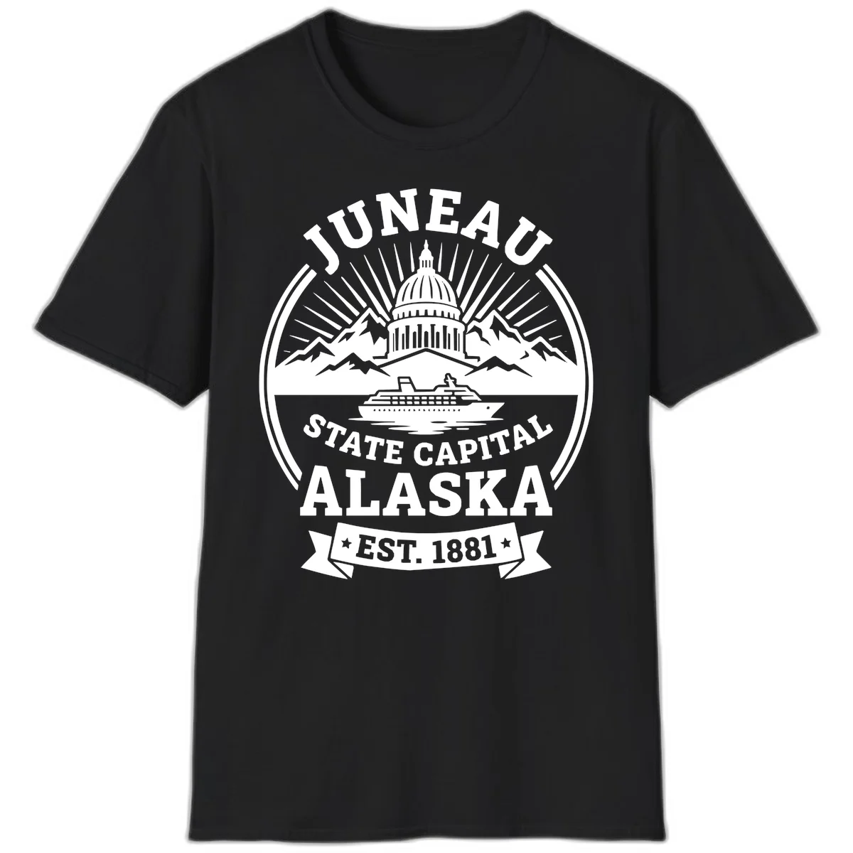 Juneau State Capital Alaska Cruise Badge T-Shirt in Black