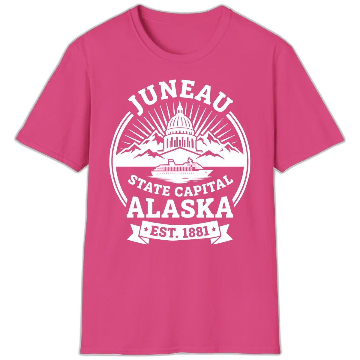 Juneau State Capital Alaska Cruise Badge T-Shirt in Heliconia