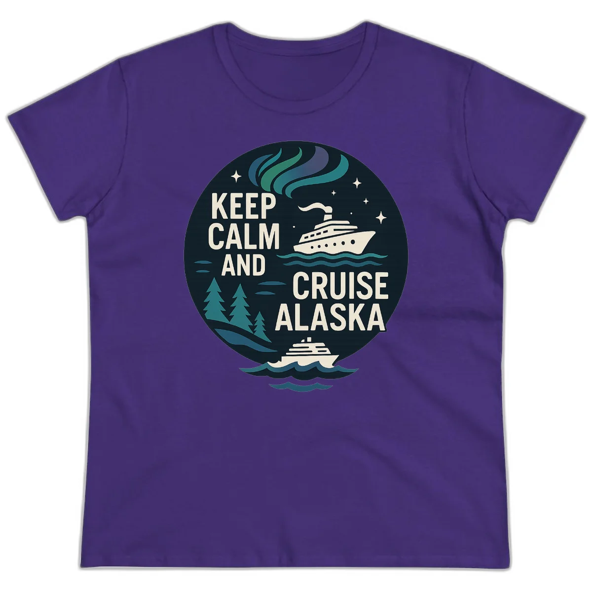 Keep Calm And Cruise Alaska Ladies Tee in Purple