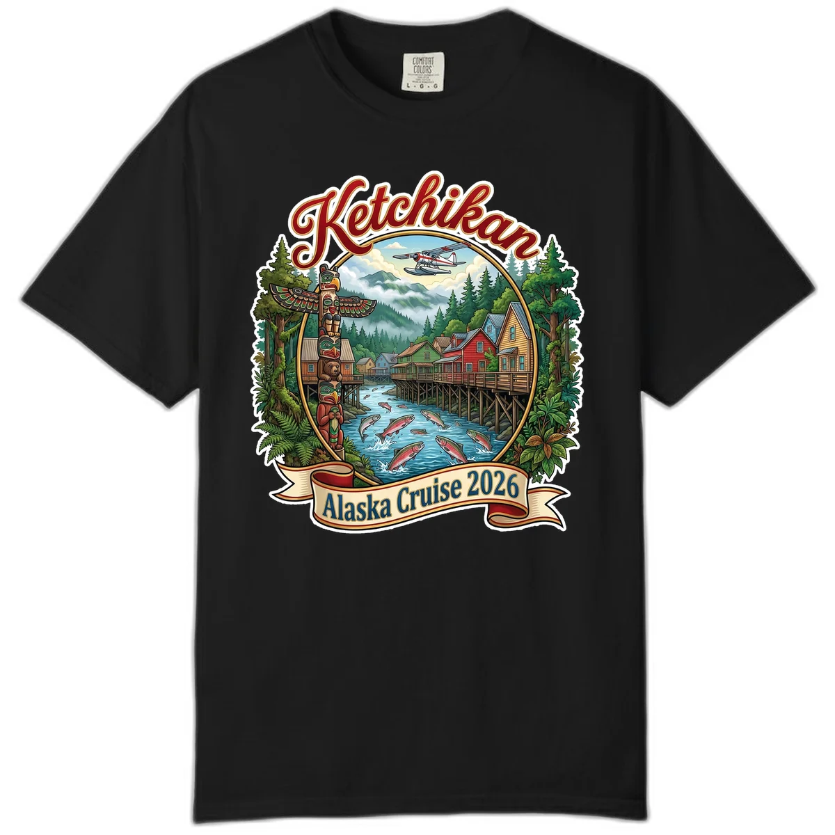 Ketchikan Alaska Cruise 2026 Scenic Illustration Comfort Color T-Shirt in Black
