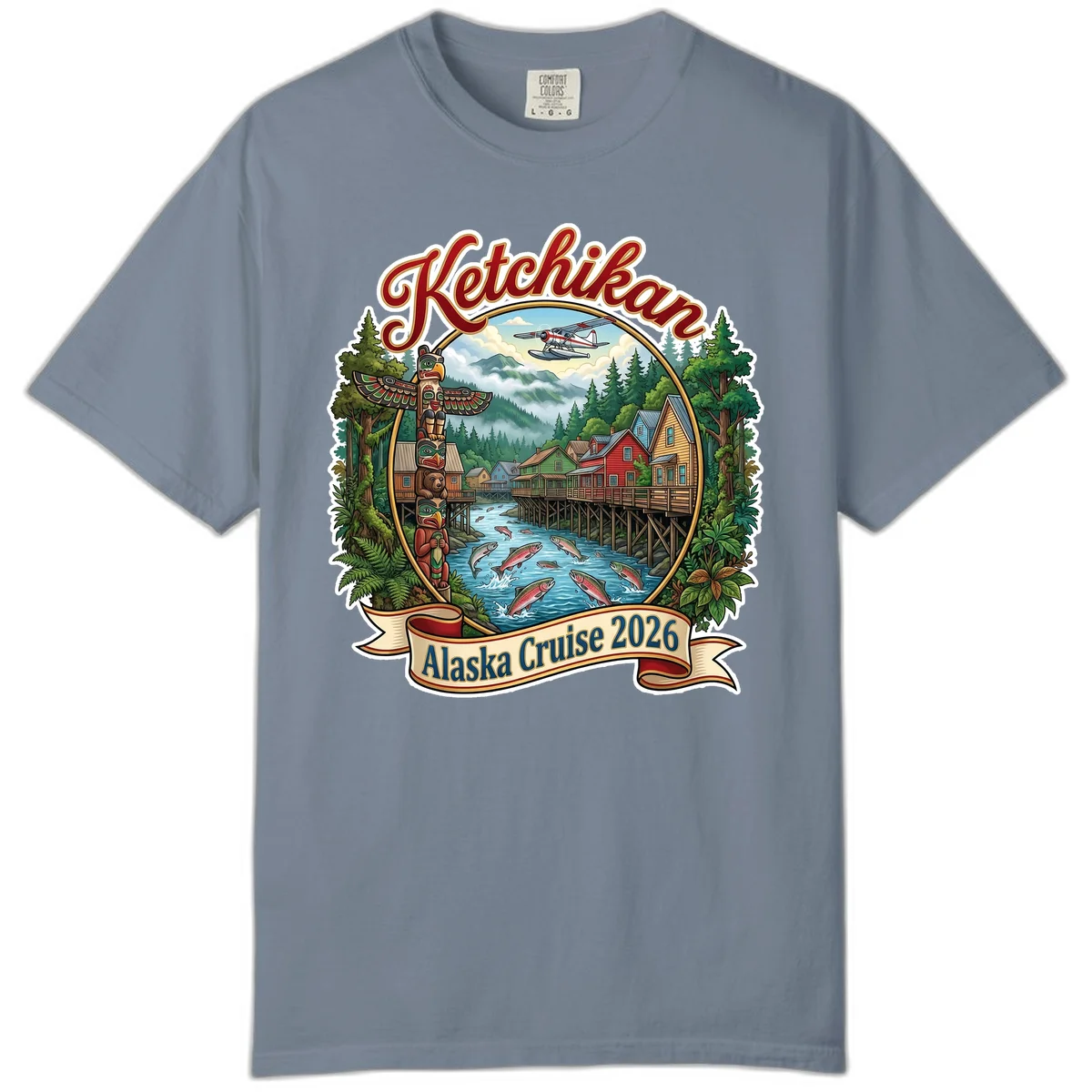 Ketchikan Alaska Cruise 2026 Scenic Illustration Comfort Color T-Shirt in Blue Jean