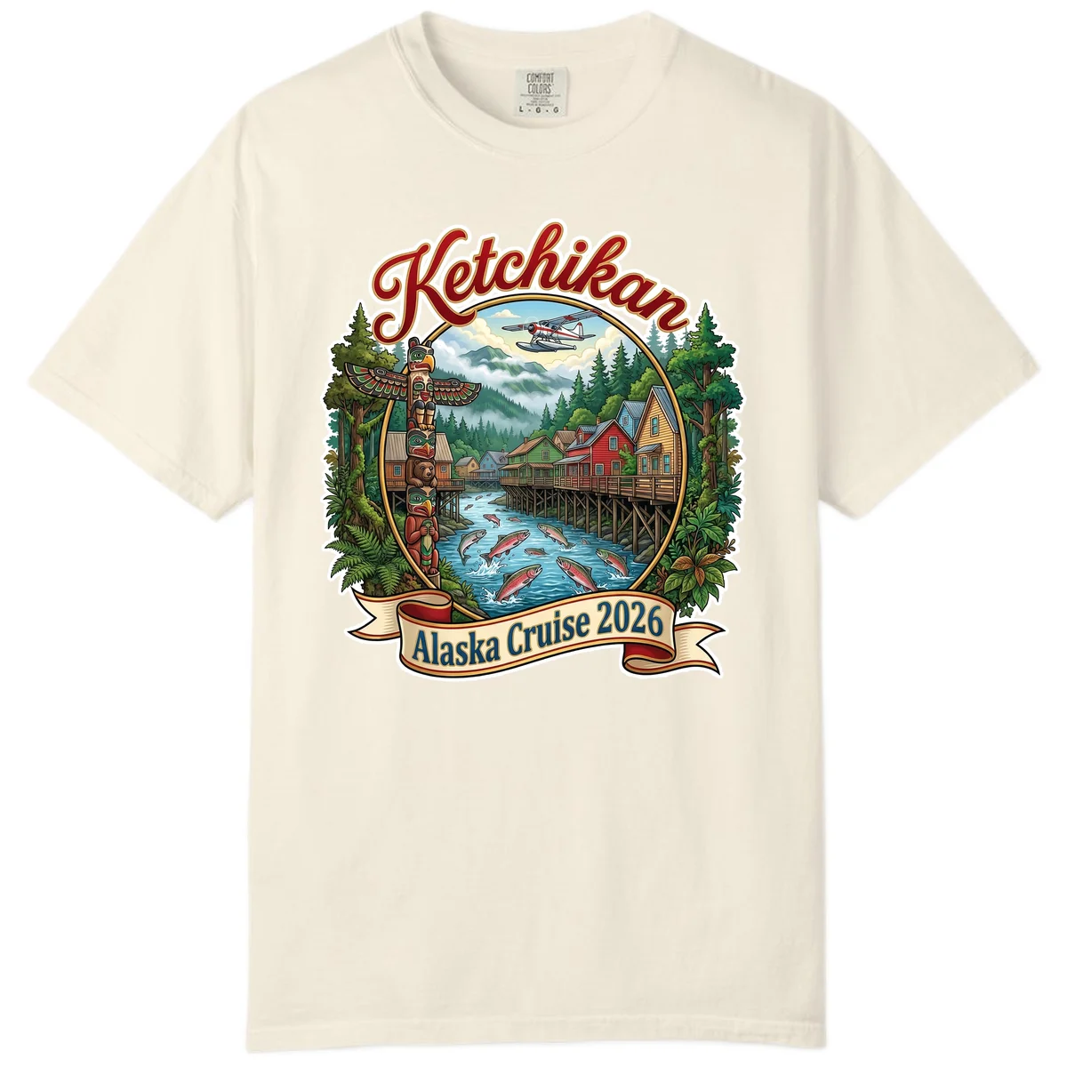 Ketchikan Alaska Cruise 2026 Scenic Illustration Comfort Color T-Shirt in Ivory